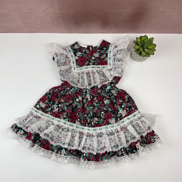 Little Princess Vintage Ruffle Floral Tulle Lace Red Green Black Dress Girl 4 - Picture 1 of 6